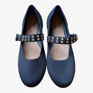 Rothy’s Mary Jane Ballet Flats Navy Gold Eyelets Adjustable Round Toe Size 12 W